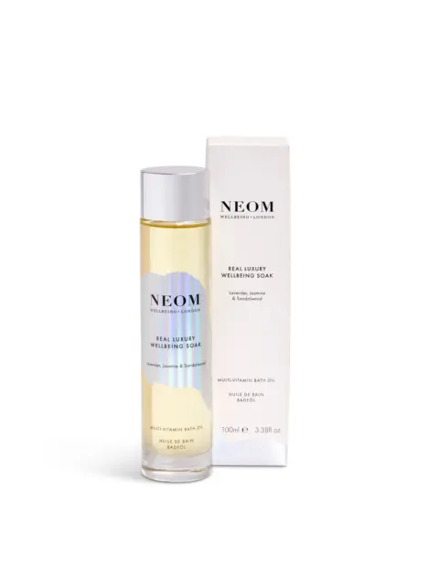 NEOM Real Luxury Wellbeing Soak, lavender, jasmine, sandalwood, 100ml bottle with box.
