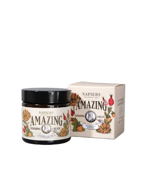 Napiers Amazing Vanishing Cream jar and box with floral design.