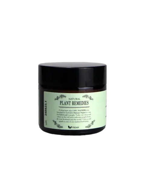 Brown jar with "Natural Plant Remedies" label, vegan symbol, and text about Napiers' herbalist history.
