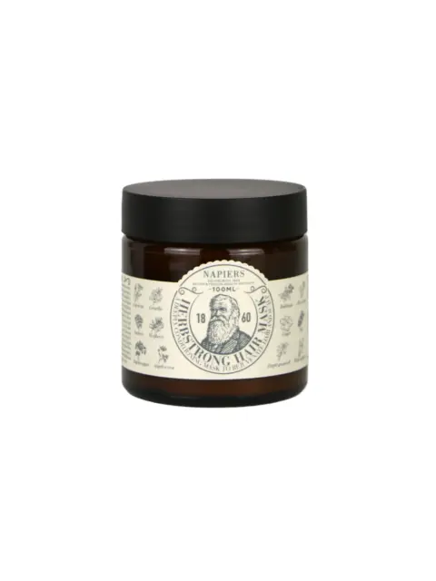 Brown jar of Napiers Herbstrong Hair Mask, 100ml, with botanical illustrations on label.