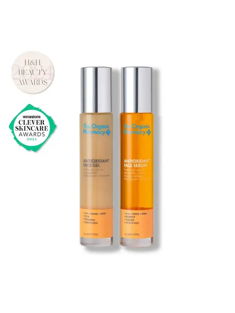 Two bottles of The Organic Pharmacy Antioxidant Face Gel and Serum with award badges.