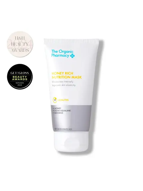 The Organic Pharmacy Honey Rich Nutrition Mask tube with award badges.