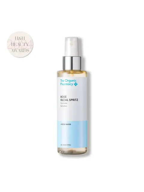 The Organic Pharmacy Rose Facial Spritz bottle with H&H Beauty Awards badge.
