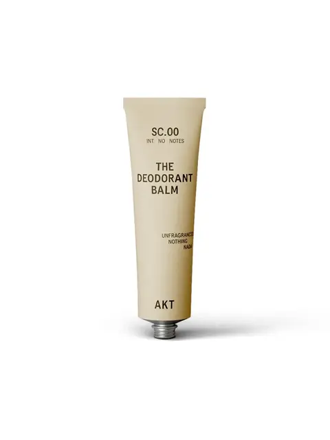 Beige tube labelled "The Deodorant Balm" by AKT, unfragranced.