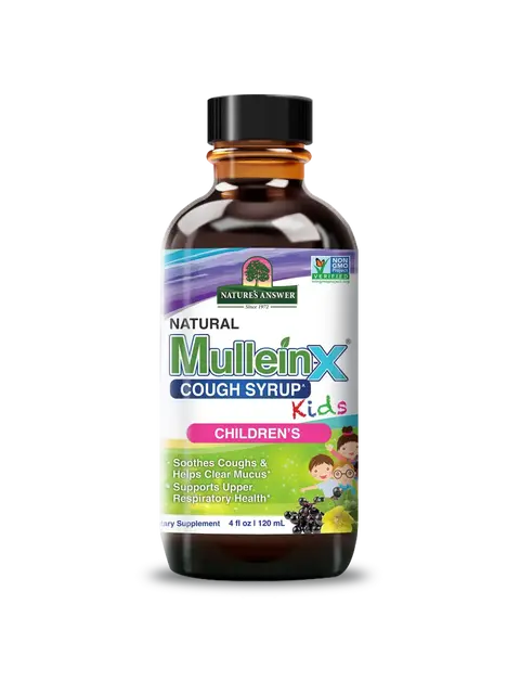 Natural MulleinX Cough Syrup for children, 120ml bottle, soothes coughs, supports respiratory health.