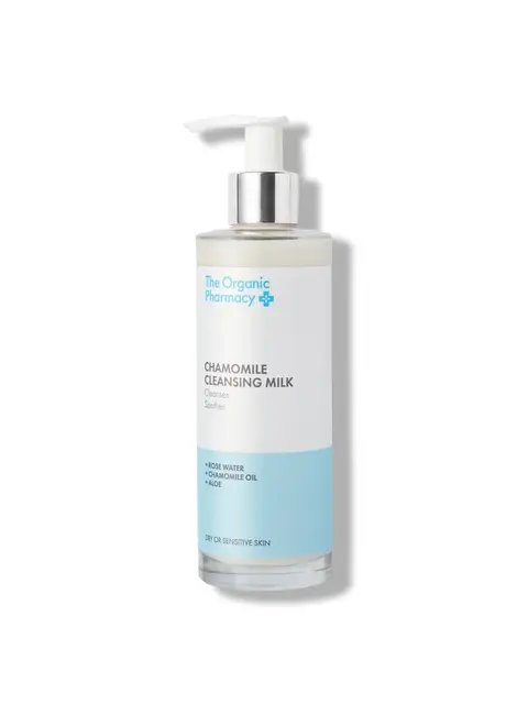 Chamomile Cleansing Milk bottle with pump, labelled for dry or sensitive skin.