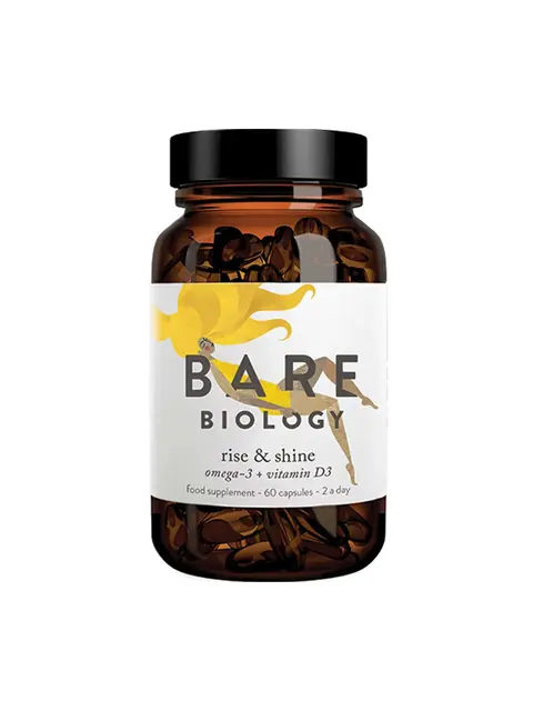Bare Biology Rise & Shine omega-3 and vitamin D3, 60 capsules, brown bottle.