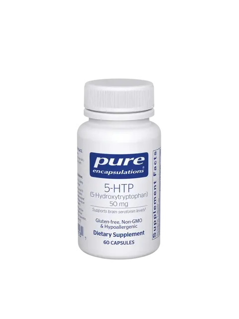 Pure Encapsulations 5-HTP 50mg, 60 capsules, gluten-free, non-GMO, hypoallergenic.
