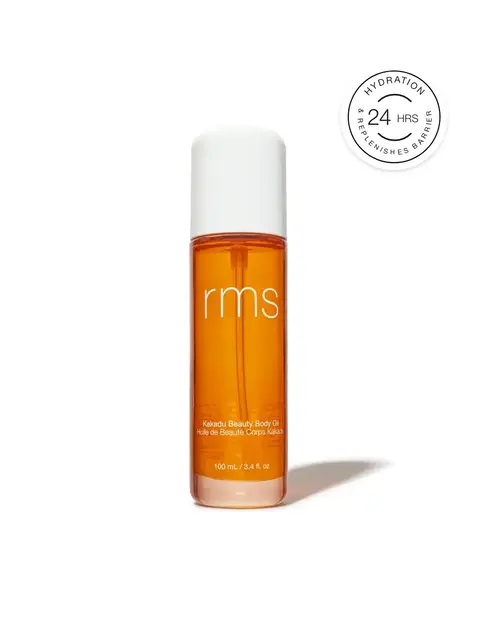 RMS Kakadu Beauty Body Oil, 100 ml bottle, with 24-hour hydration badge.