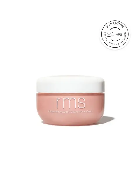Rms Kakadu Body Butter in a pink jar with a white lid. Text: Hydration 24 hrs, replenishes barrier.