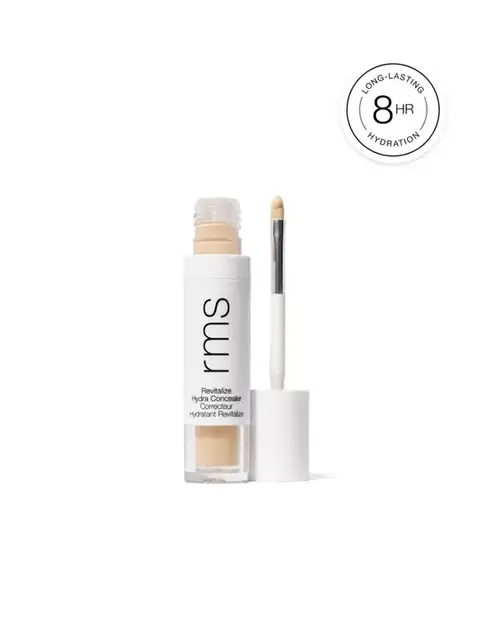 Rms Revitalize Hydra Concealer with applicator. Text: Long-lasting 8hr hydration.