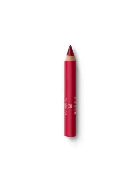 Red lip crayon with text "Dr. Hauschka Lip Crayon 02" on white background.