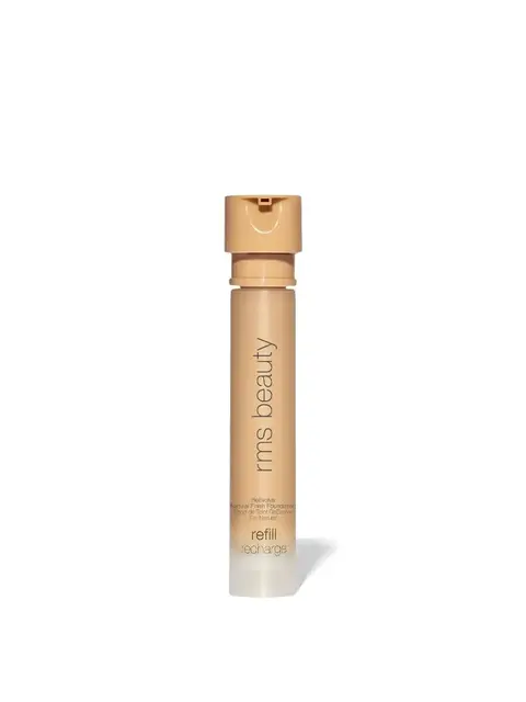 Beige cylindrical bottle with "rms beauty" text, labelled "refill recharge".