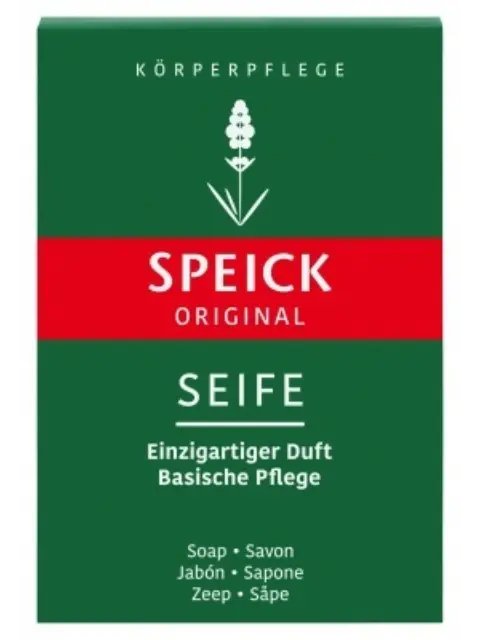 Speick Original Seife soap packaging, green with red band and white text.