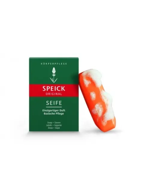 Speick Original soap box and foamy orange soap bar.