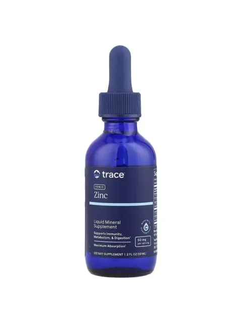 Blue bottle of trace ionic zinc liquid mineral supplement, 59 ml.