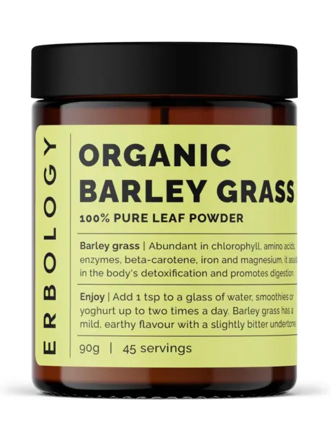 Jar of organic barley grass powder, 90g, 45 servings, by Erbology.