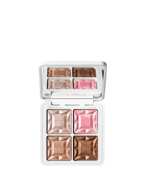 Makeup palette with four shades: pink, light brown, dark brown, and bronze. "rms beauty" embossed.