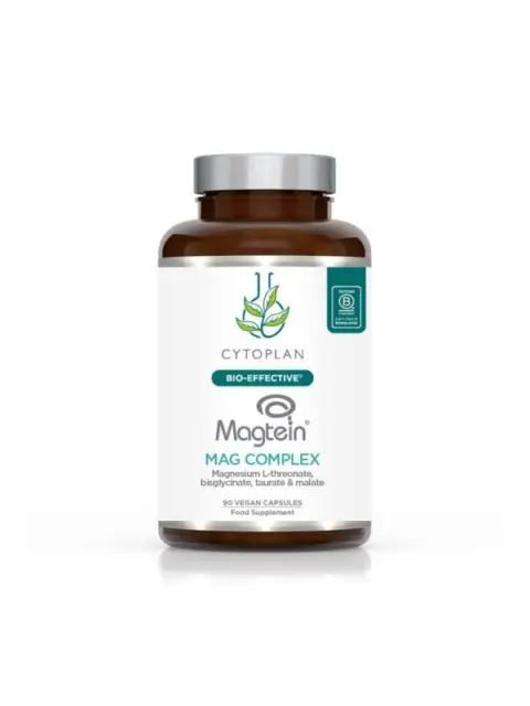 Cytoplan Magtein Mag Complex, 90 vegan capsules, magnesium supplement bottle.