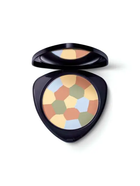 Compact with multicoloured mosaic powder in a dark case.