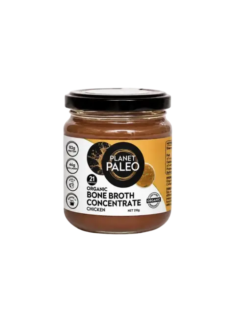 Planet Paleo chicken bone broth concentrate jar, 210g, with nutritional info on label.