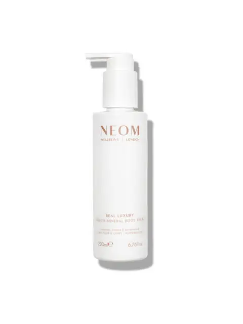 NEOM Wellbeing London body milk, 200ml bottle with pump dispenser.