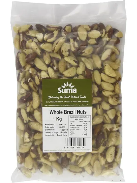 Bag of Suma whole Brazil nuts, 1 kg, with nutritional information and origin from Bolivia.