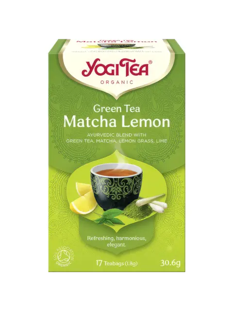 Yogi Tea Green Tea Matcha Lemon box, 17 teabags, 30.6g, with lemon and lemongrass images.