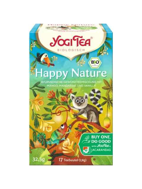 Yogi Tea Happy Nature box with lemur, chameleon, and tropical plants. Contains 17 tea bags.