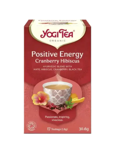 Yogi Tea Positive Energy Cranberry Hibiscus, 17 teabags, 30.6g, organic blend with mate and hibiscus.