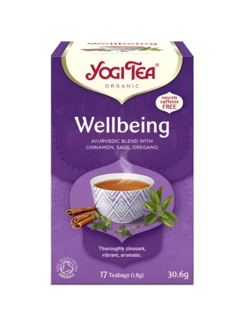 Yogi Tea Wellbeing, organic Ayurvedic blend with cinnamon, sage, oregano. 17 teabags, 30.6g.