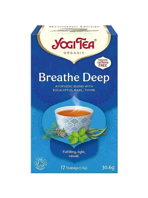 Yogi Tea Breathe Deep box with eucalyptus, basil, thyme. Contains 17 teabags, 30.6g.