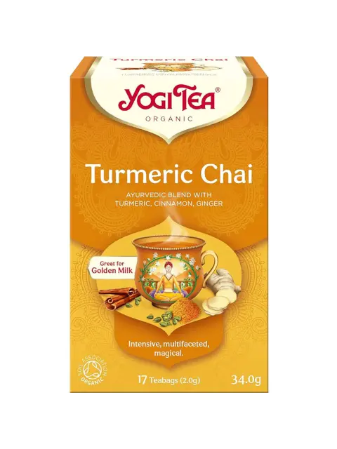 Yogi Tea Turmeric Chai box with turmeric, cinnamon, ginger. "Great for Golden Milk". 17 teabags, 34g.