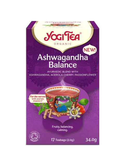 Yogi Tea Ashwagandha Balance, 17 bags, organic, fruity, calming blend with acerola and passionflower.