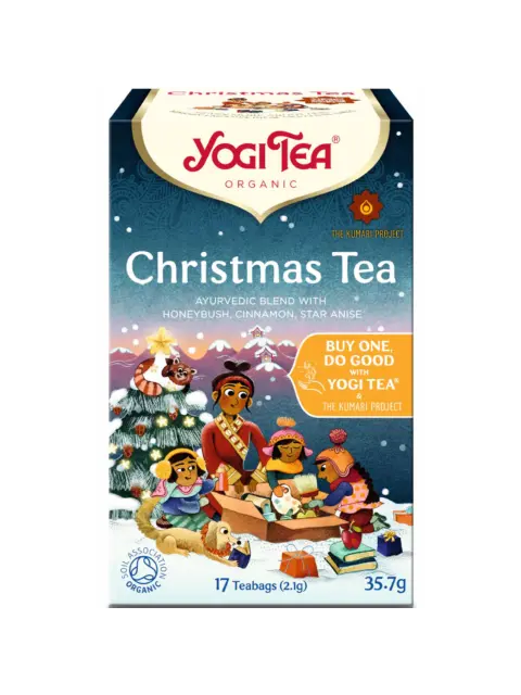Yogi Tea Christmas Tea box with festive illustration and text about Ayurvedic blend.