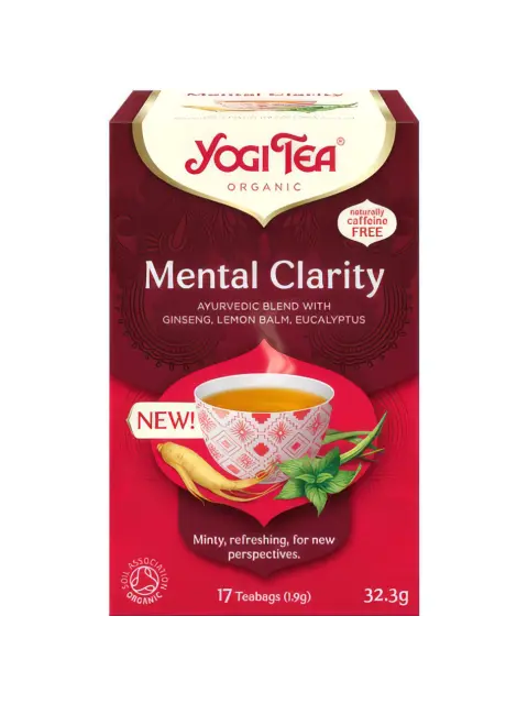 Yogi Tea Mental Clarity, 17 teabags, ginseng, lemon balm, eucalyptus, caffeine-free.
