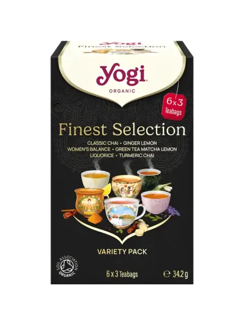 Yogi Organic Finest Selection tea box with six flavours, 6 x 3 teabags, 34.2g.