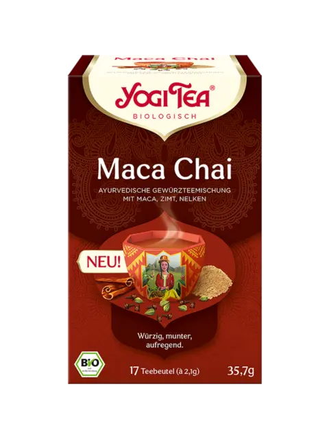 Yogi Tea Maca Chai box with spices and steaming cup. 17 teabags, 35.7g.