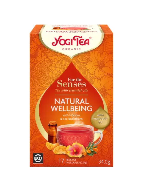 Yogi Tea Natural Wellbeing with hibiscus, sea buckthorn, and mandarin oil. 17 teabags, 34g.