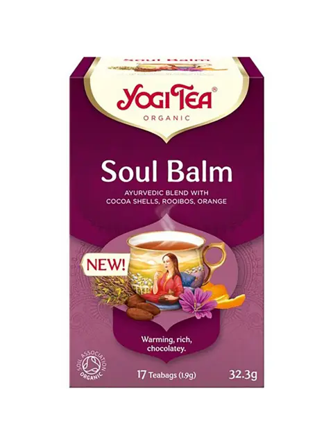Yogi Tea Soul Balm, 17 teabags, cocoa shells, rooibos, orange. Organic, warming, rich, chocolately.