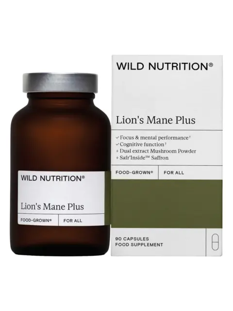 Lion's Mane Plus supplement bottle and box, 90 capsules, by Wild Nutrition.