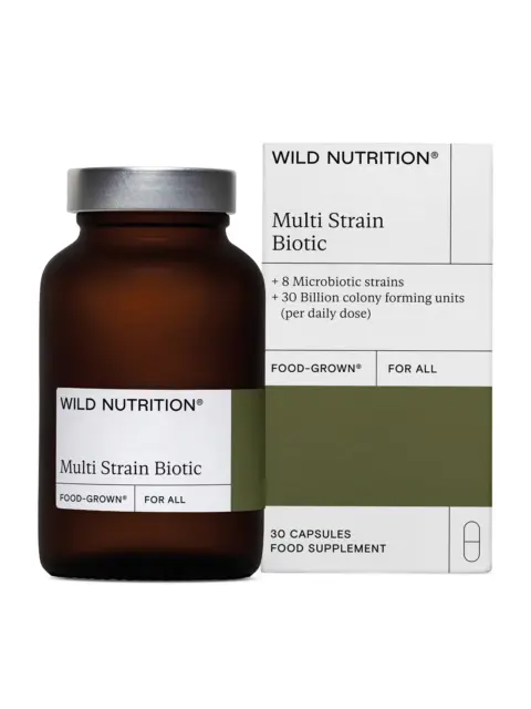 Brown bottle and box of Wild Nutrition Multi Strain Biotic, 30 capsules, food supplement.