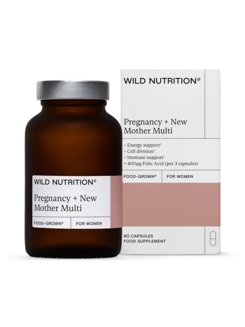 Brown bottle and box of Wild Nutrition Pregnancy + New Mother Multi capsules.