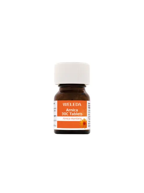 Weleda Arnica 30C Tablets bottle with white cap and orange label.