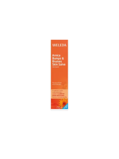 Weleda Arnica Bumps & Bruises Skin Salve, 25g, orange packaging with flower image.