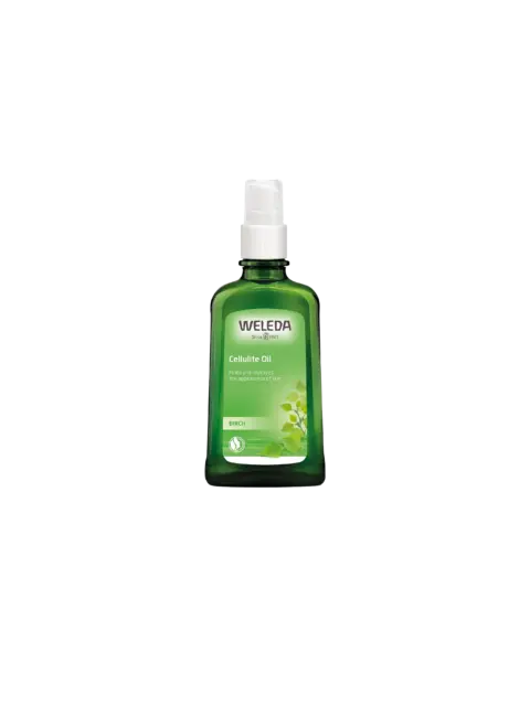 Green bottle of Weleda Birch Cellulite Oil with white pump dispenser.