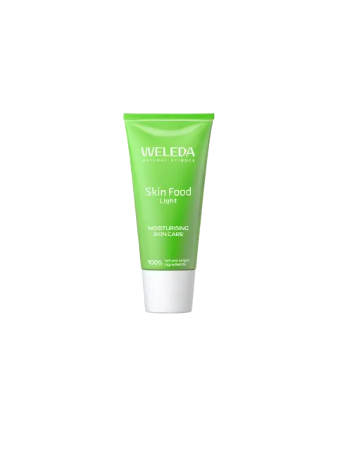 Green tube of Weleda Skin Food Light moisturising skincare.