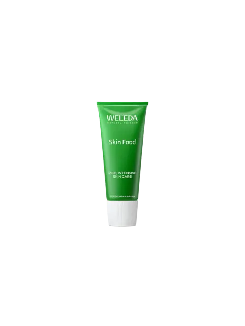 Green tube of Weleda Skin Food, rich intensive skincare.