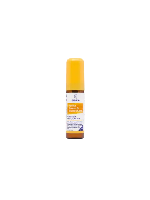 Weleda Arnica Bumps & Bruises Spray with yellow cap, 20ml bottle.