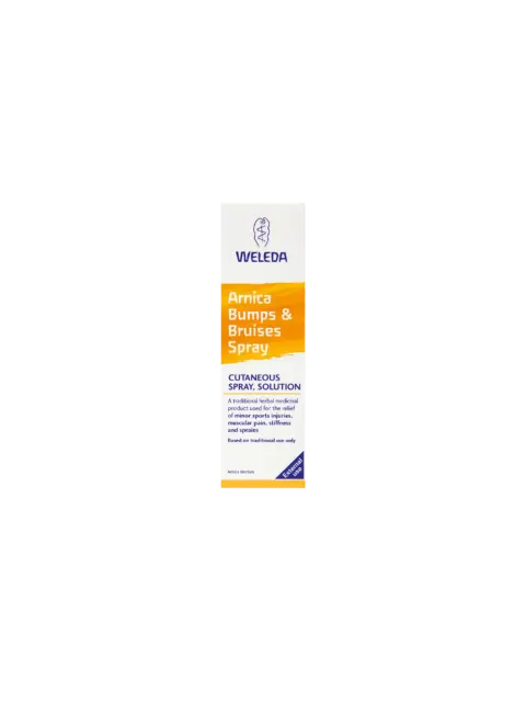 Weleda Arnica Bumps & Bruises Spray box with product details.